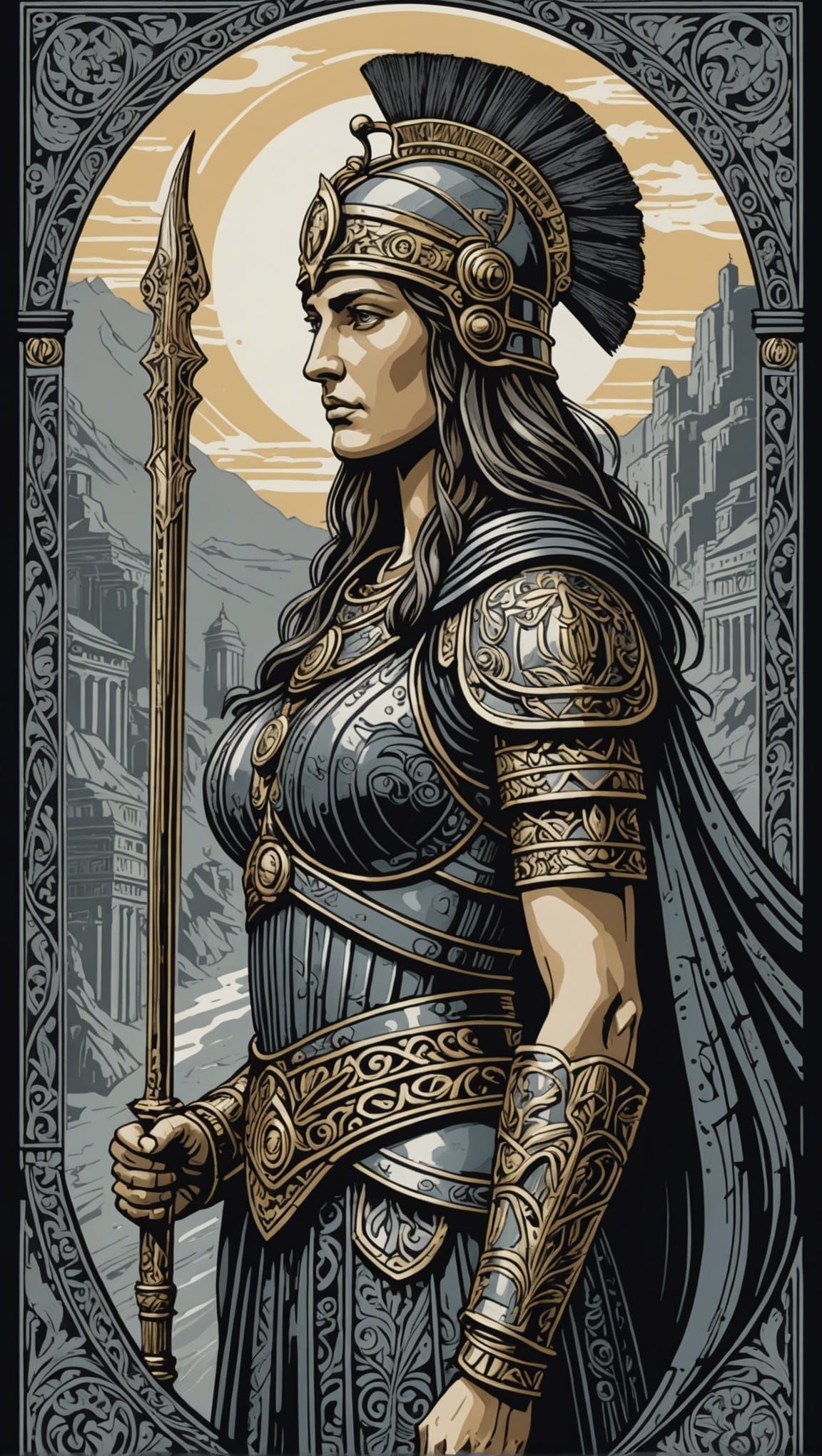 Athena the Conqueror in Linocut Printmaking Style