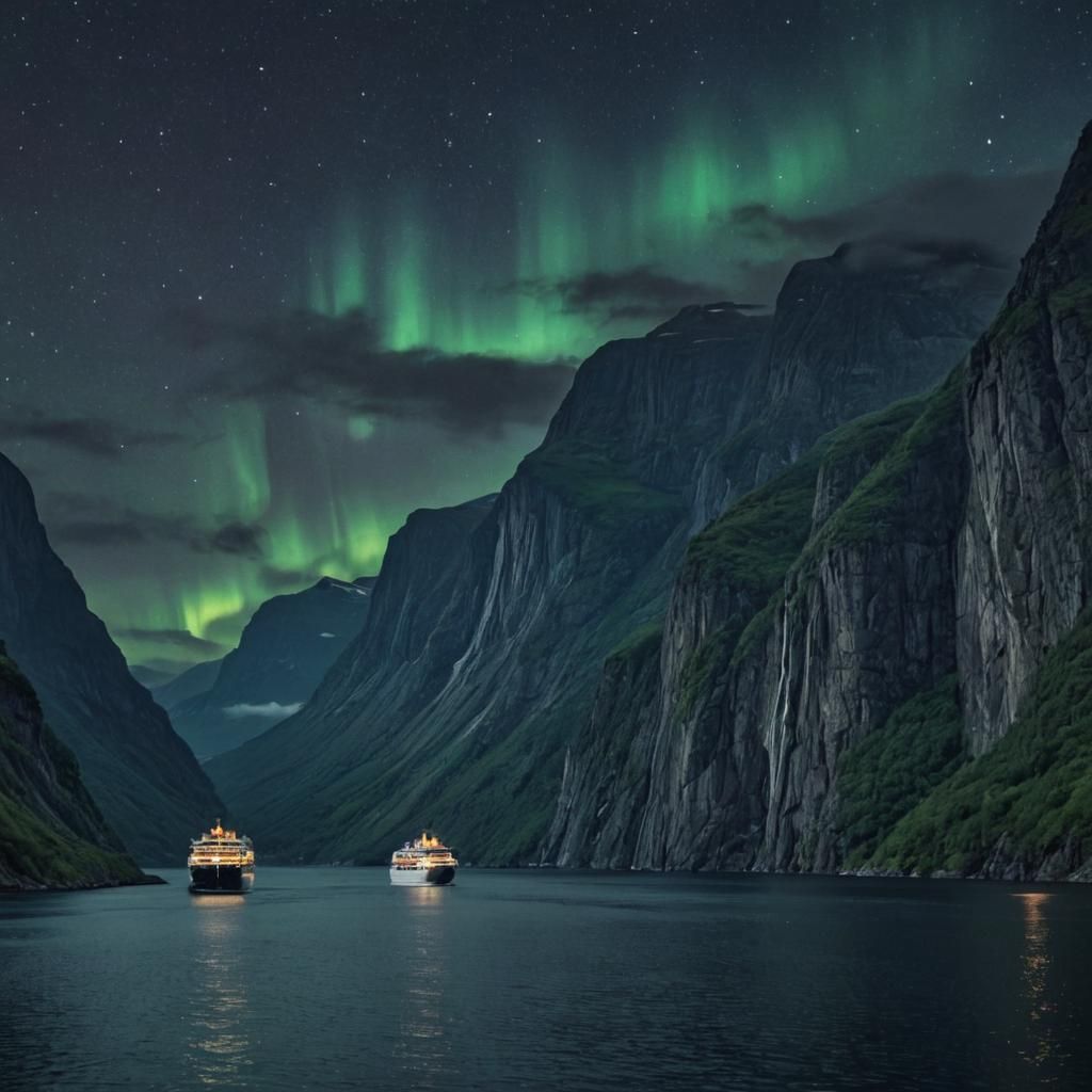 Fiordos Noruegos con Aurora Boreal