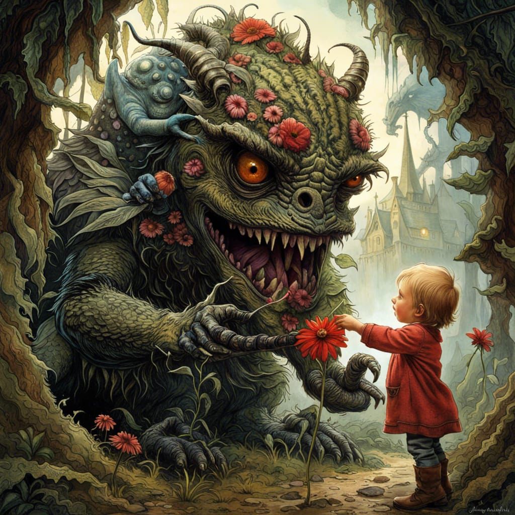 Toddler Offers Flower to Monster in Fantasycore Art