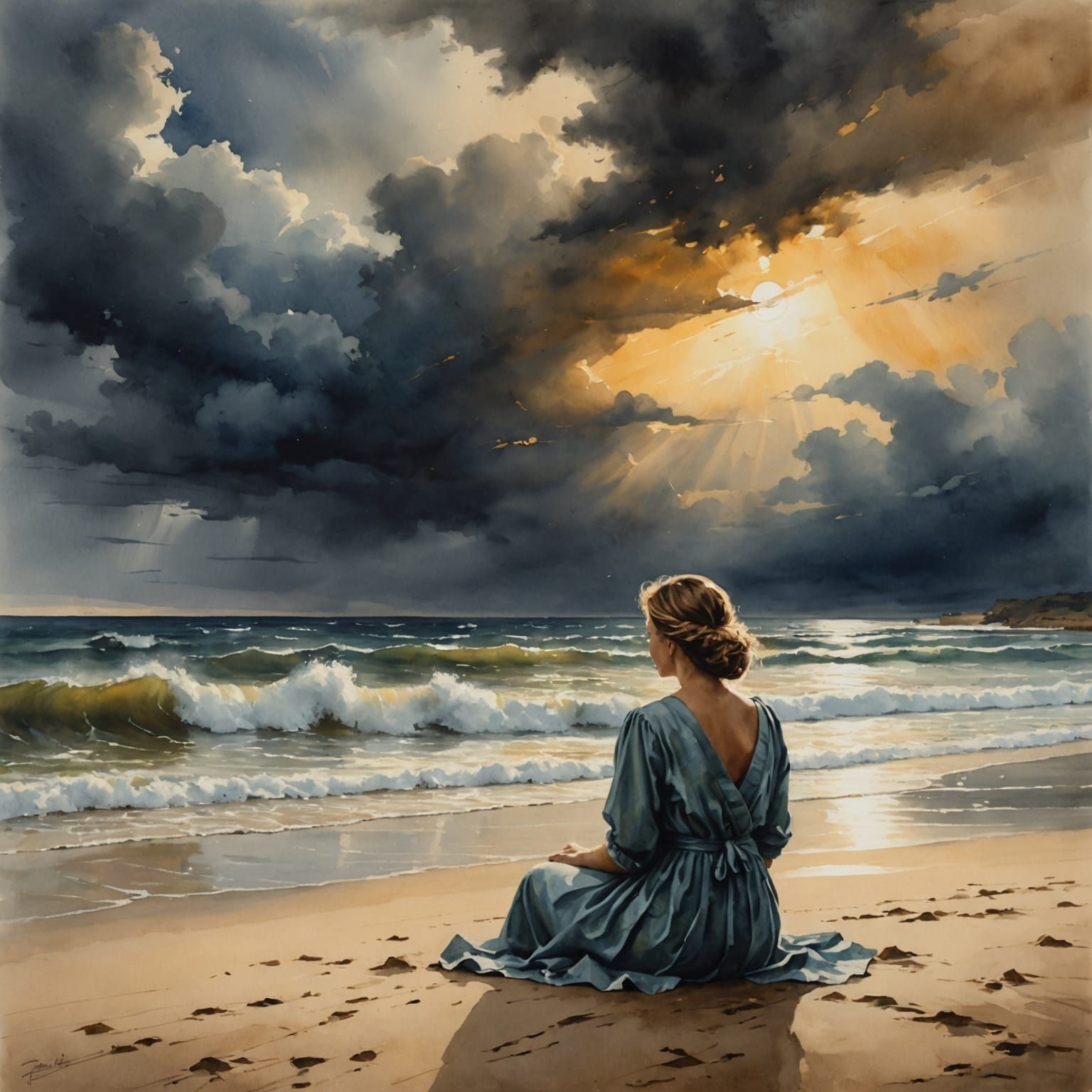 Woman Gazing at Ocean in Dramatic Watercolor Painting
