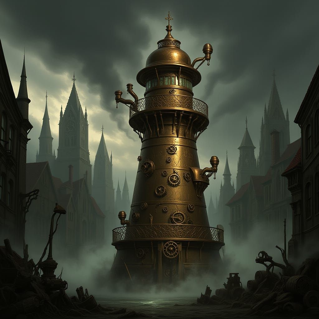 Steampunk Lighthouse in Victorian Cityscape