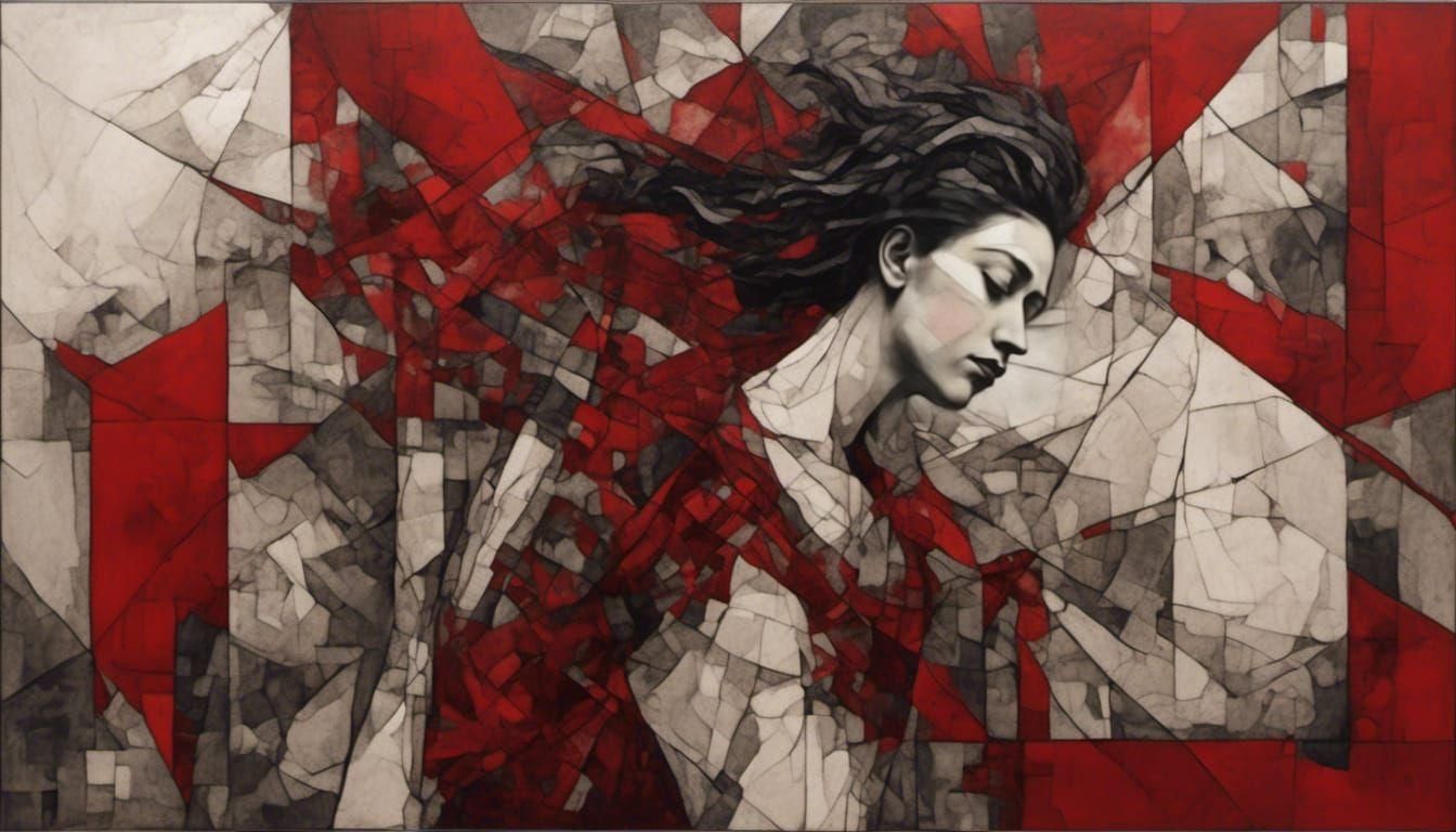 abstract style of Wassily Kandinsky's red, white, gray, and black