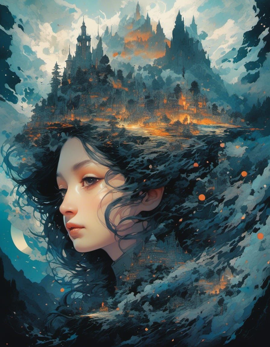 Gothic Witch Double Exposure Collage in Mystic Landscape