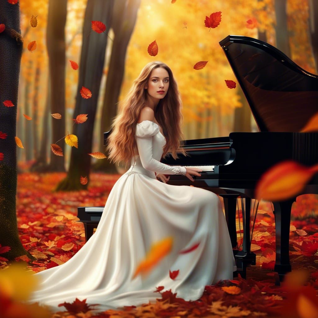 Woman Pianist Plays in Autumn Forest: Matte Painting