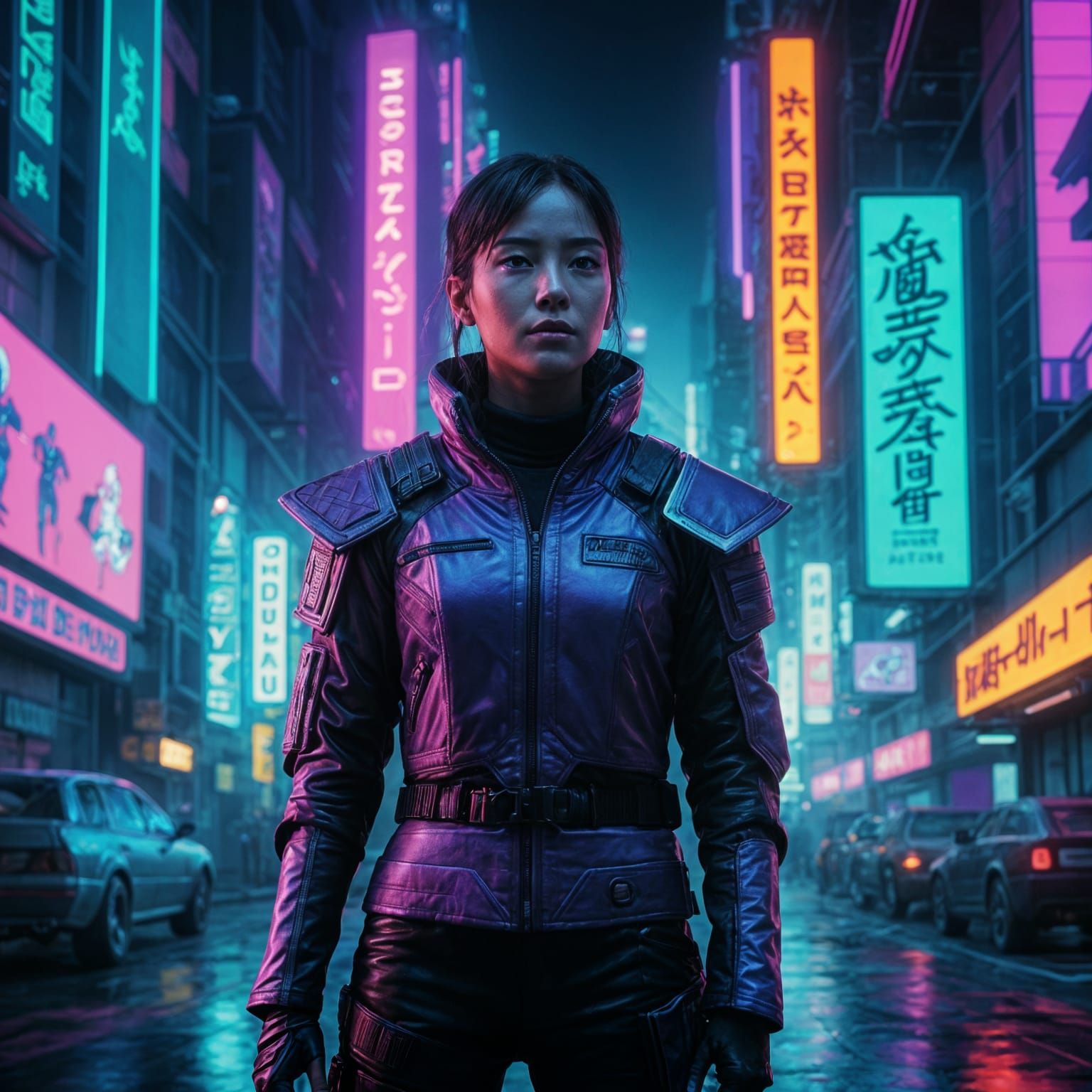 Cyberpunk Heroine Radiates Power in Neon-Lit Cityscape