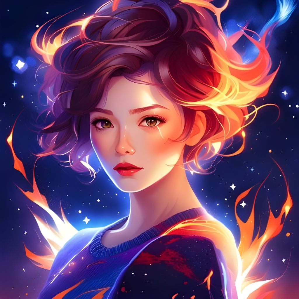 Fiery Woman with Cosmic Hair in Anime Style