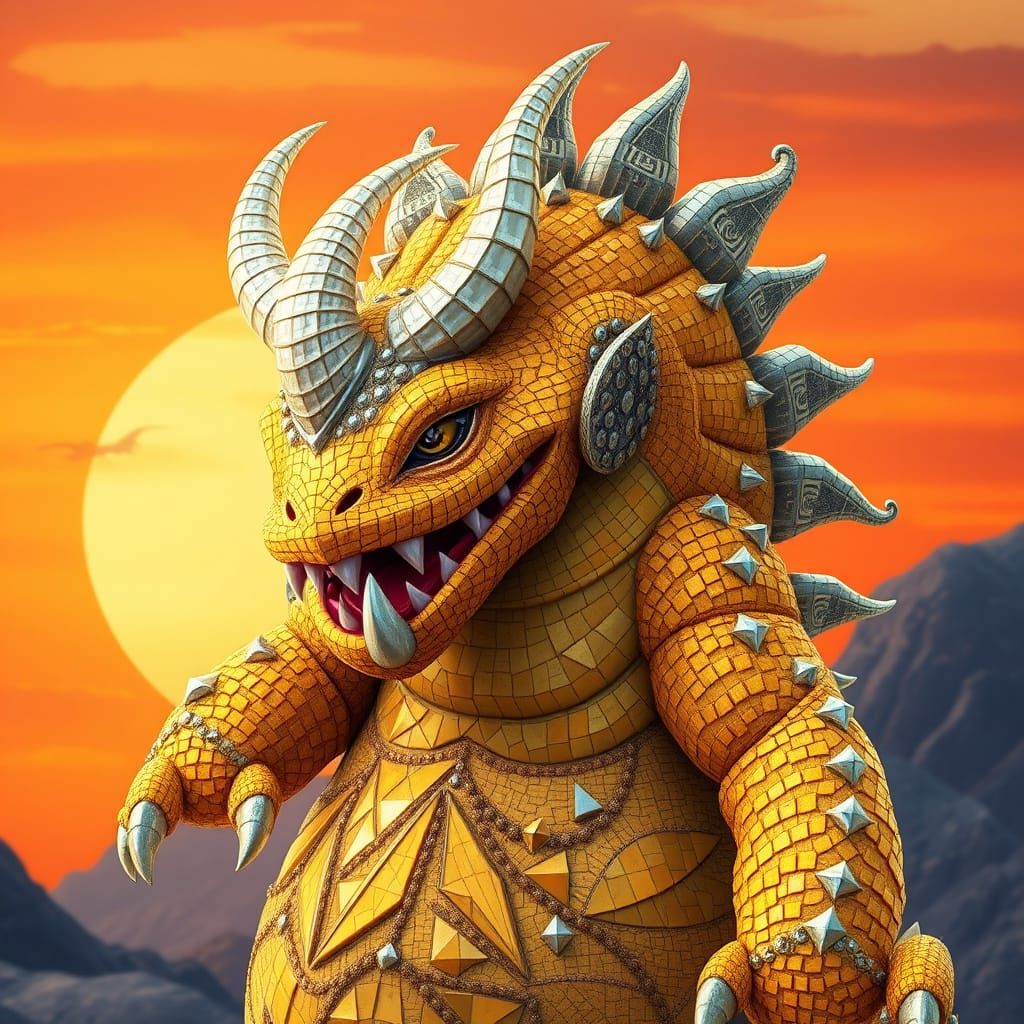 Whimsical Golden Monster Stands Majestically in Sunset