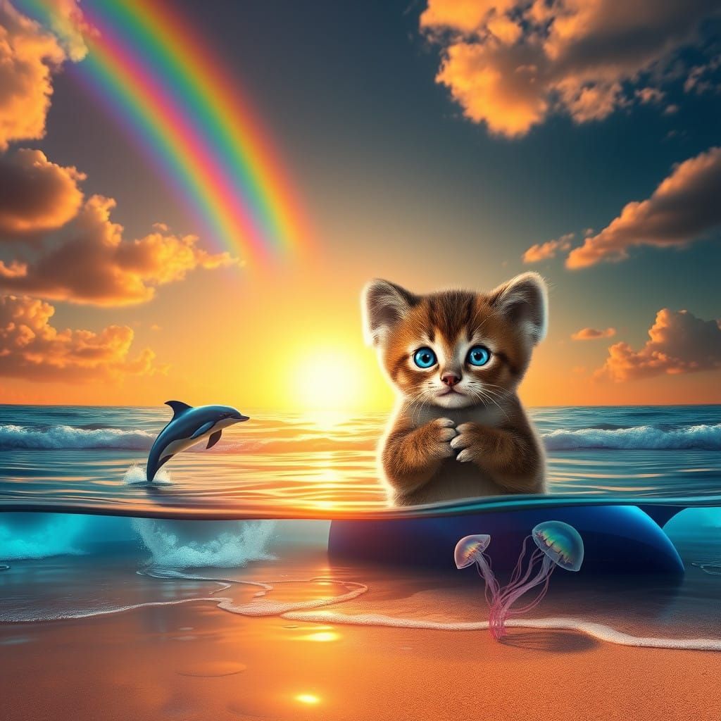 Vibrant Sunset with Whimsical Koala and Kitten, Dolphins, an...