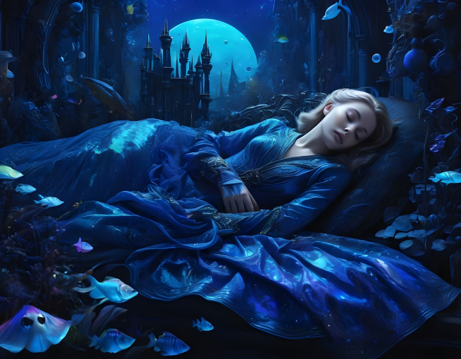 Alien Sleeping Beauty in Gothic Underwater Scene