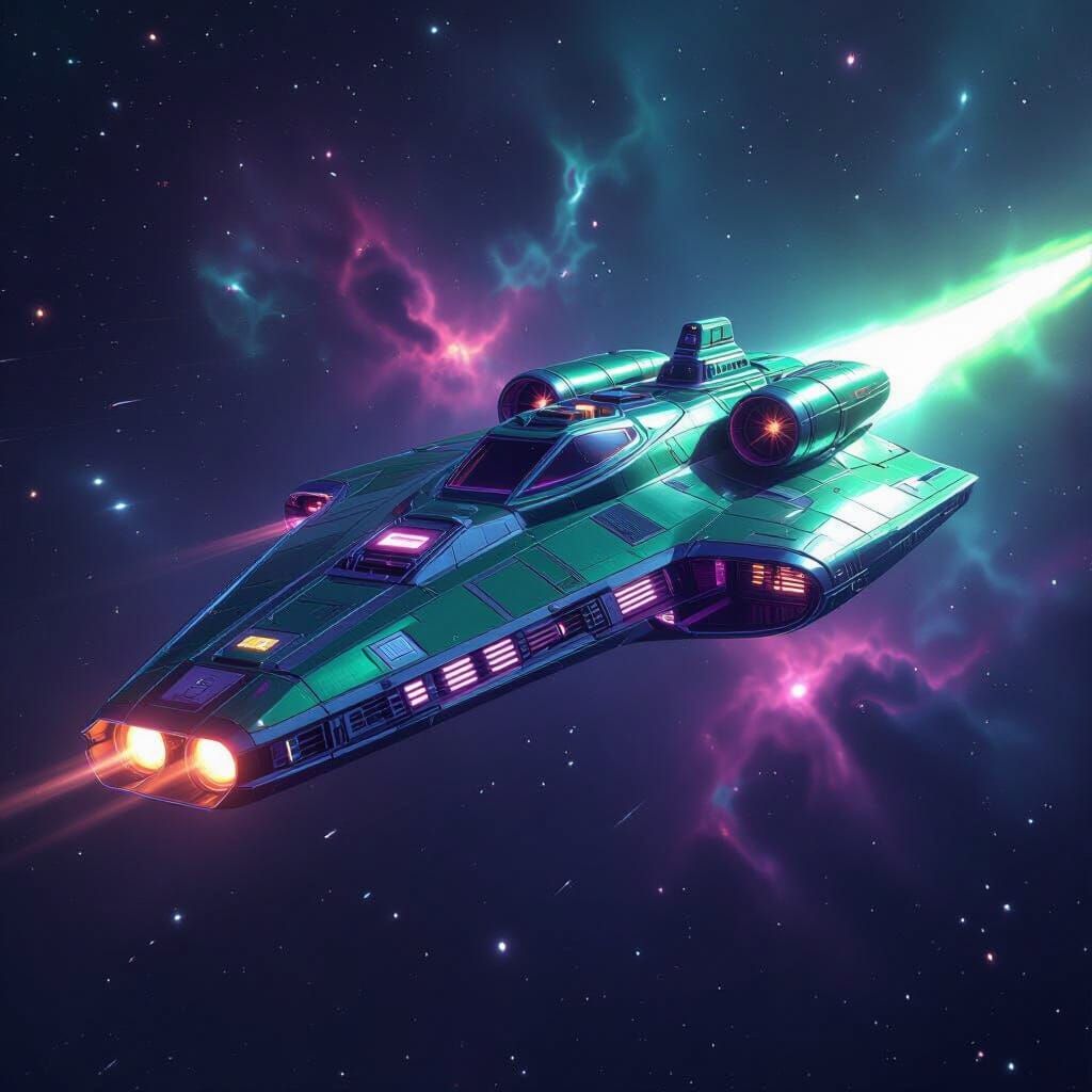 Sleek Green and Purple Chrome Starship in Hyperspace