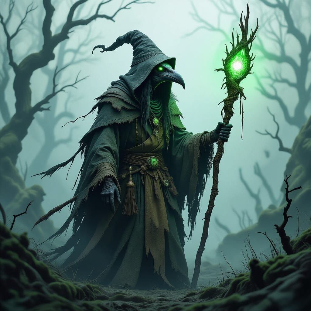 Aged Crow Witch in Eerie Forest
