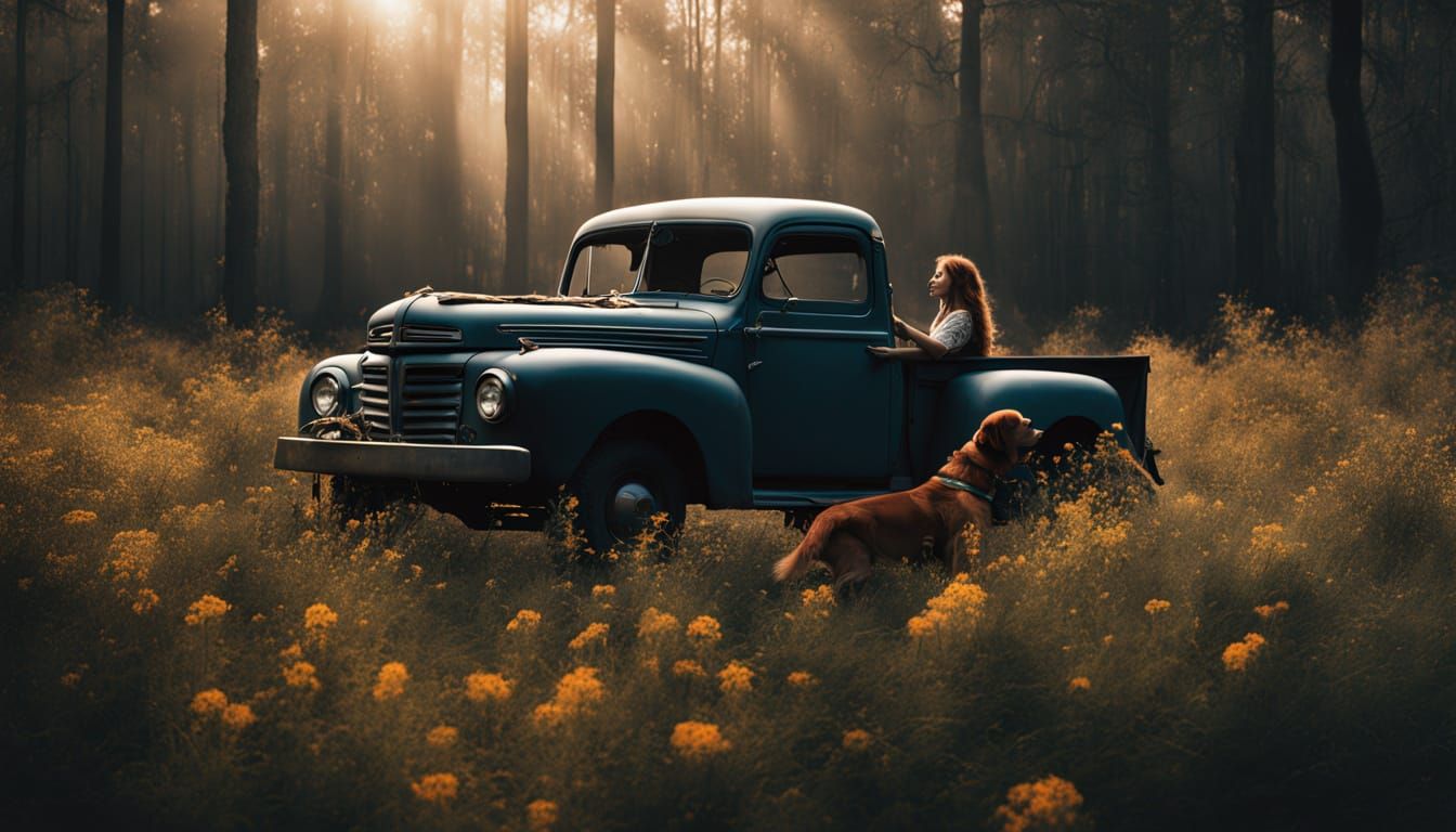 Surreal Woman with Auburn Hair in Twilight Forest