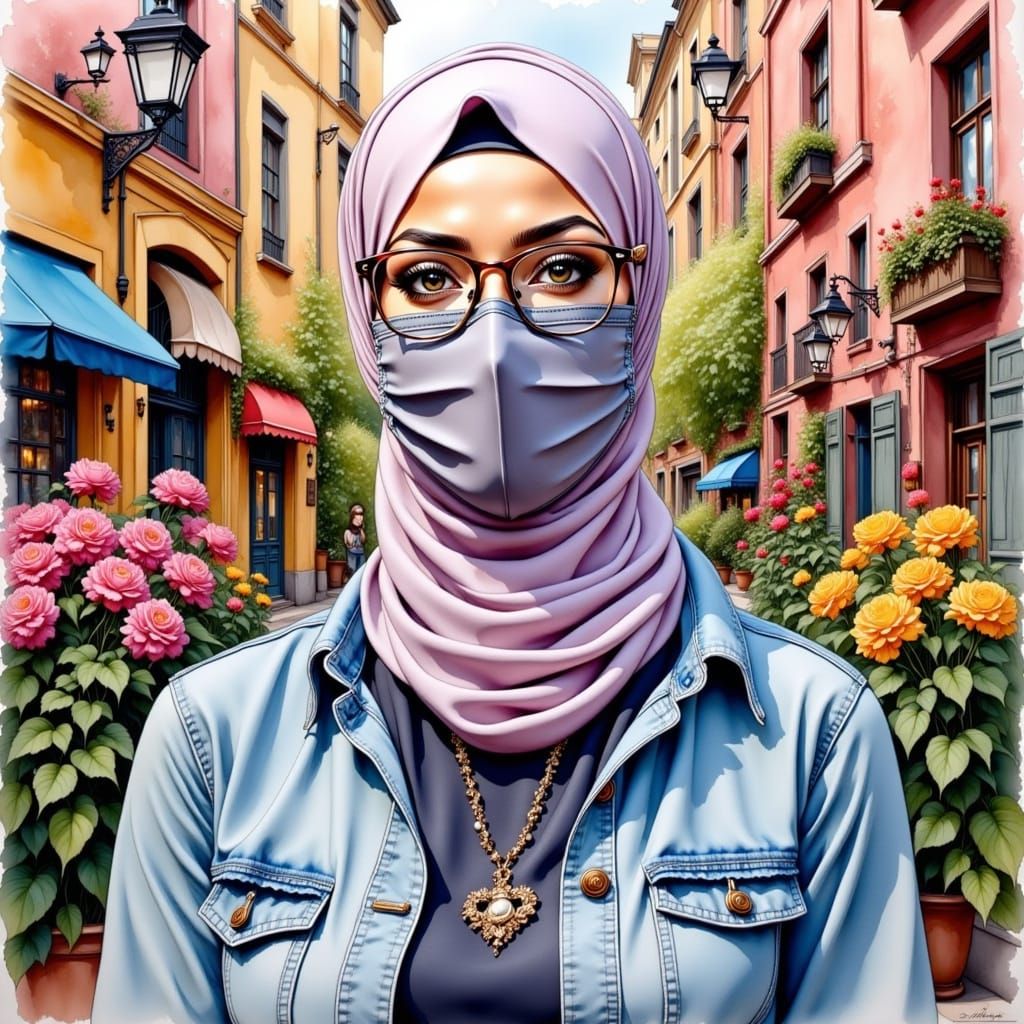 Surreal Hijabi Girl Explores Vibrant Urban Oasis in Impasto ...