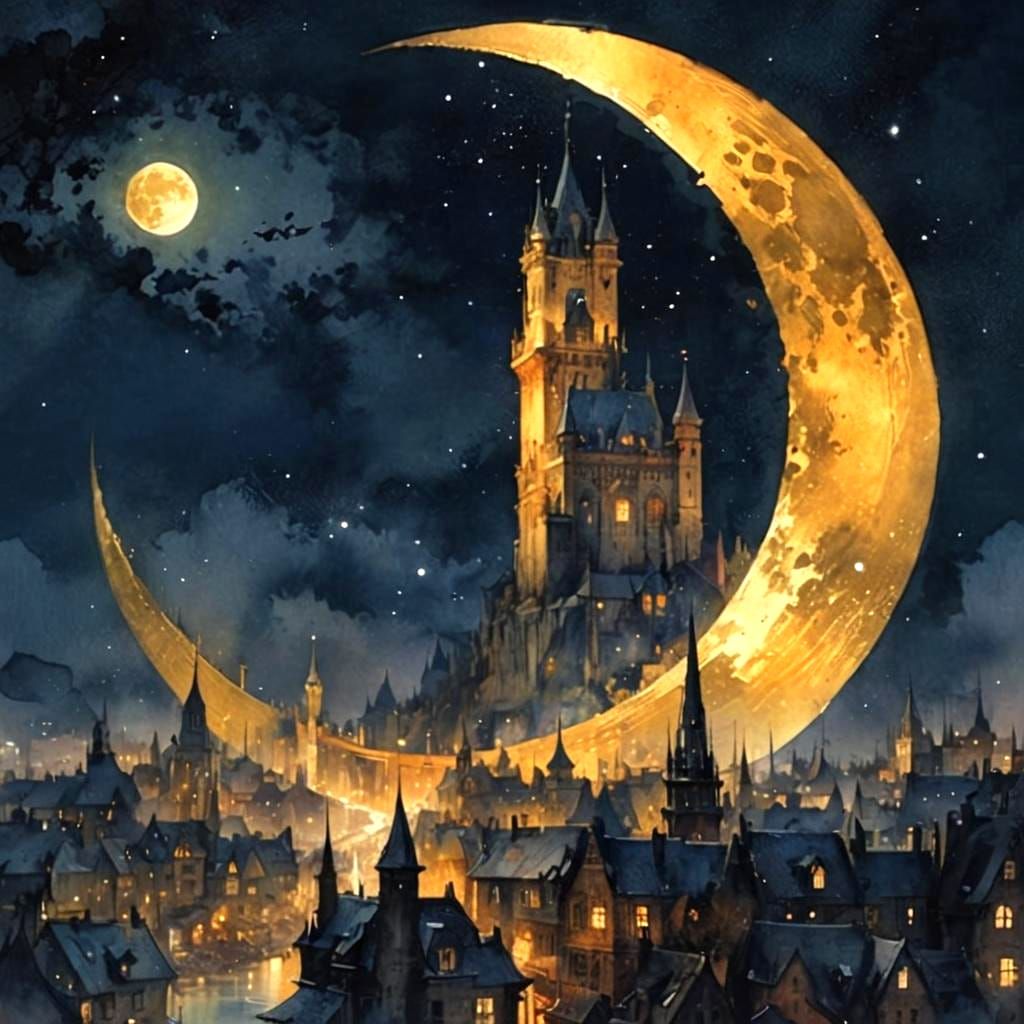 Golden Night Town in Watercolour Under Crescent Moon
