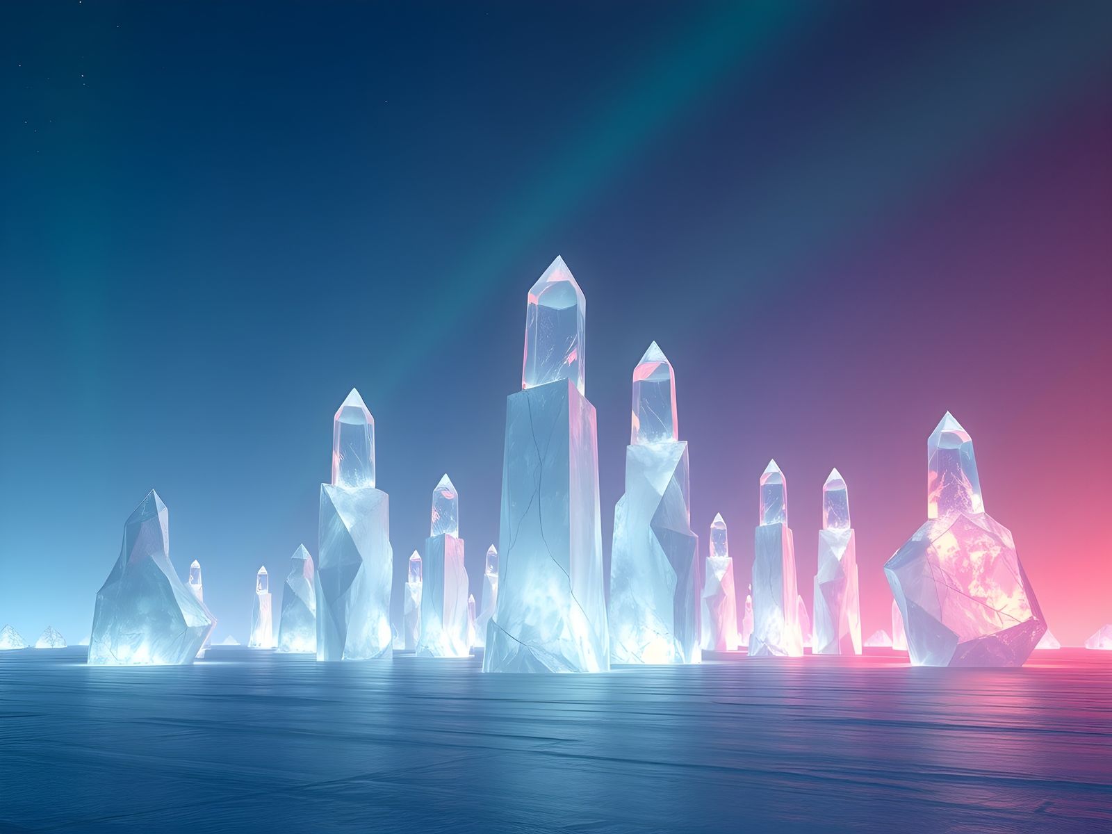 Surreal Crystal Landscape with Aurora Lights