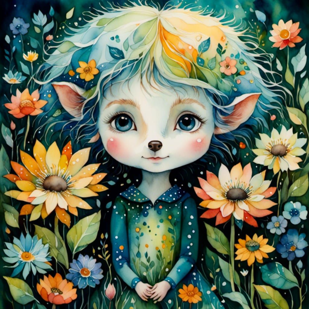 Whimsical Chibi Hedgehog in Watercolor Spring Meadow