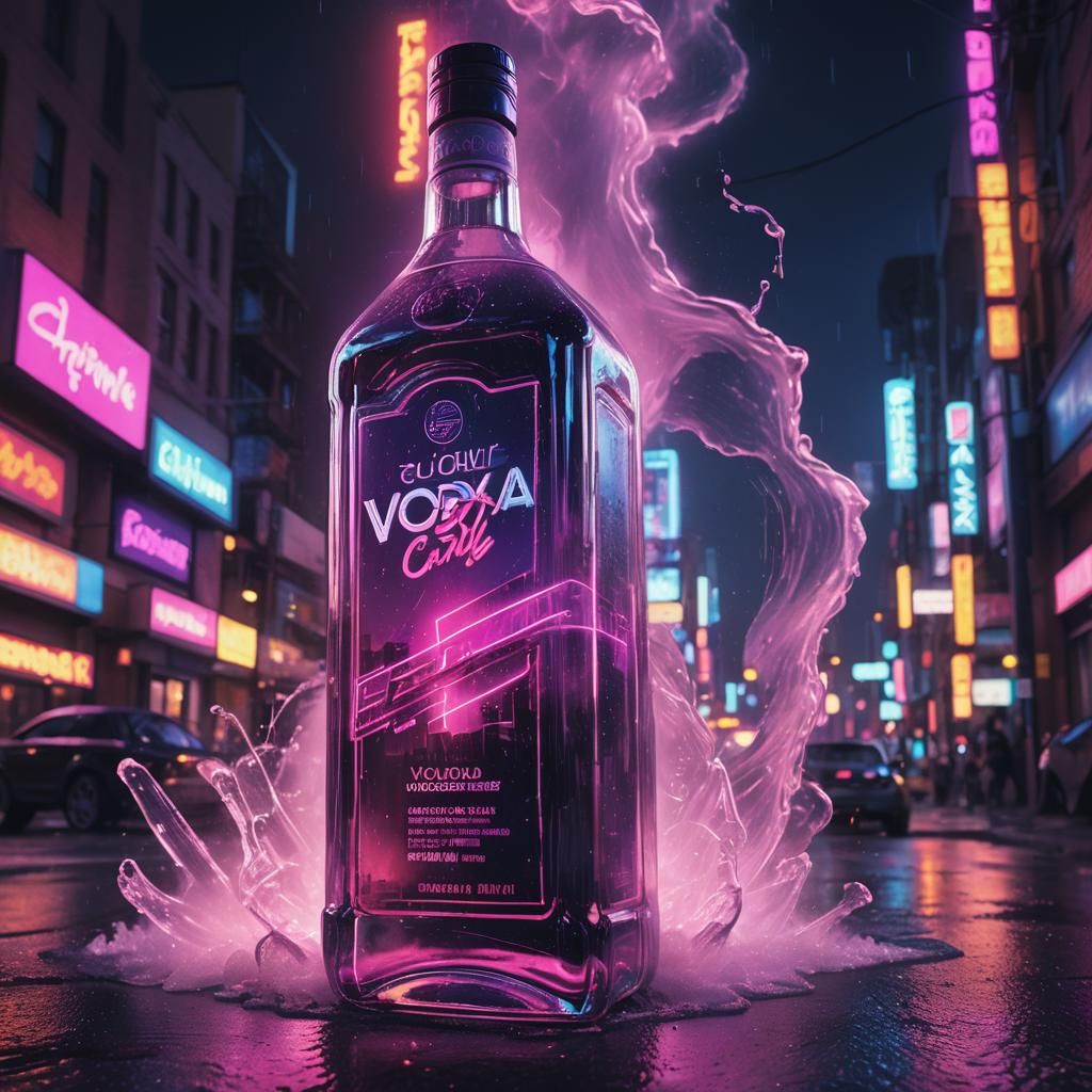 Giant Vodka Bottle Crashes Through Neon City