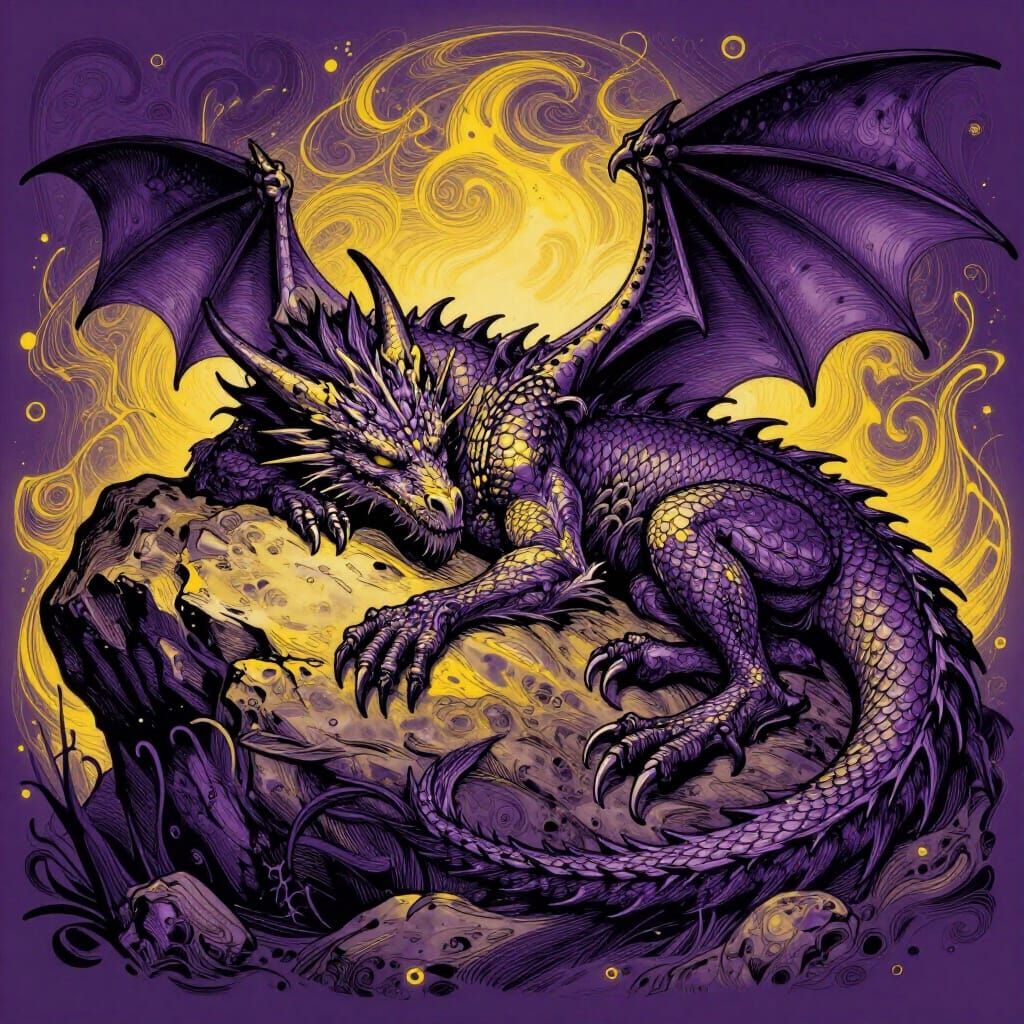 Tired Dragon Sleeps on Rock in Alcohol Ink Style