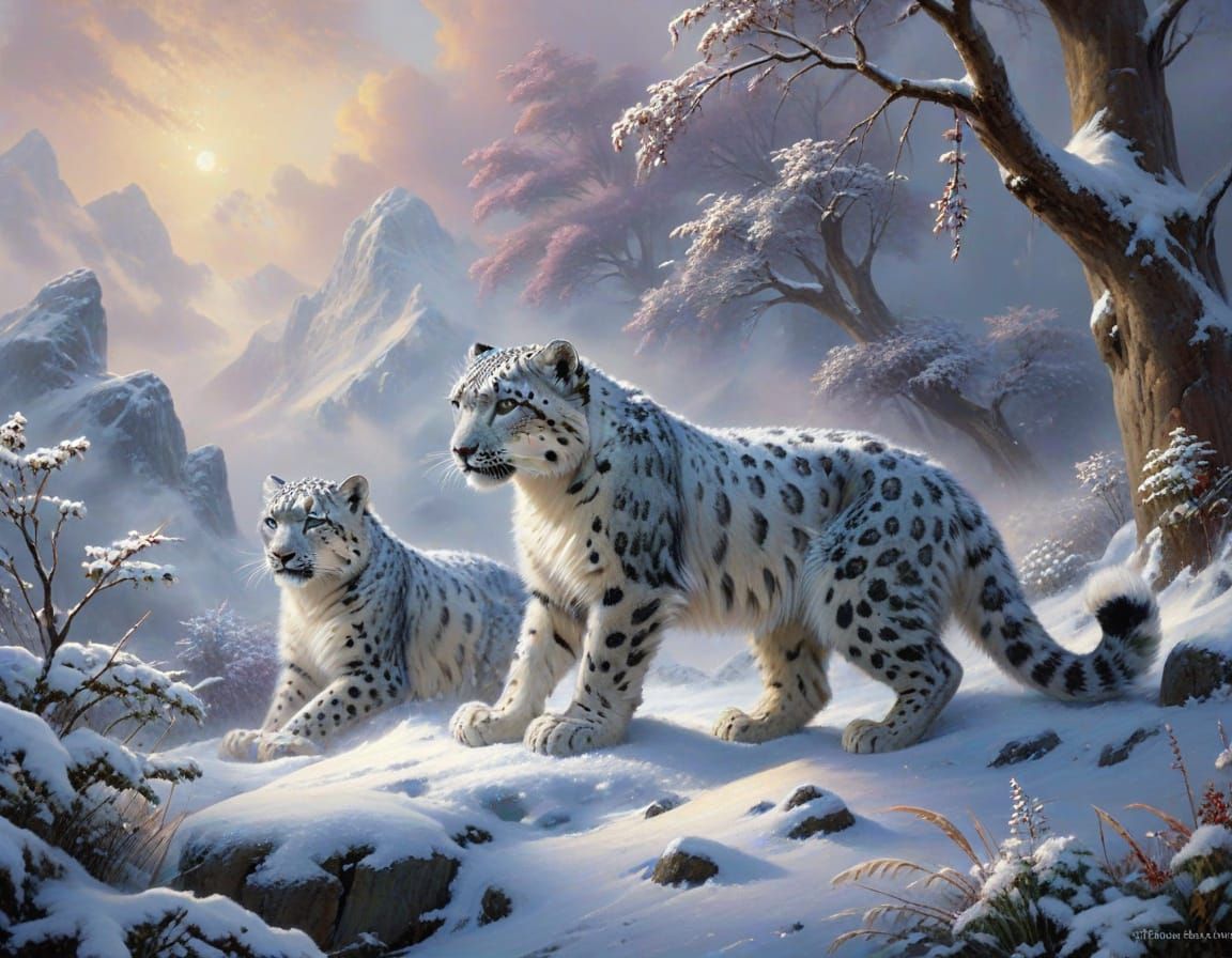 Ethereal Snow Leopards in Misty Fantasy Landscape