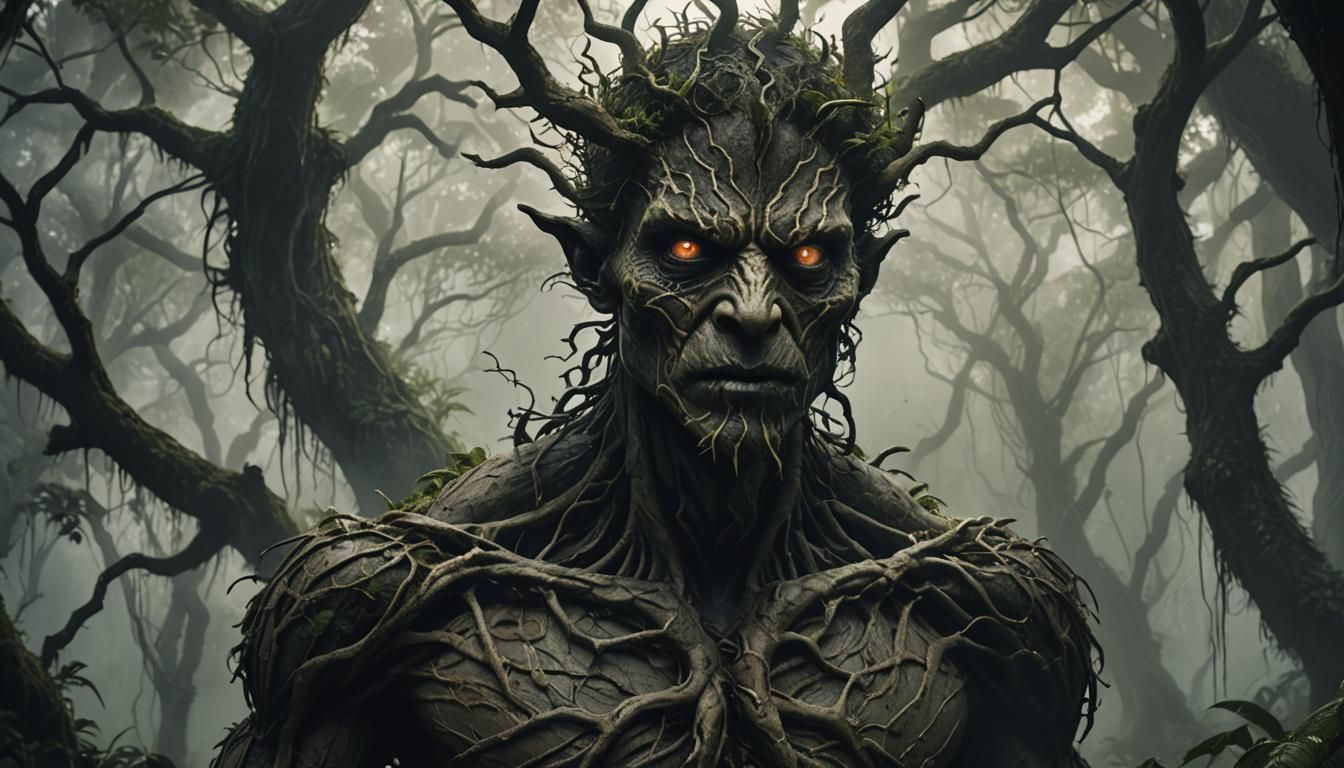 Terrifying Tree-Man Portrait in Dark Fantasy Style
