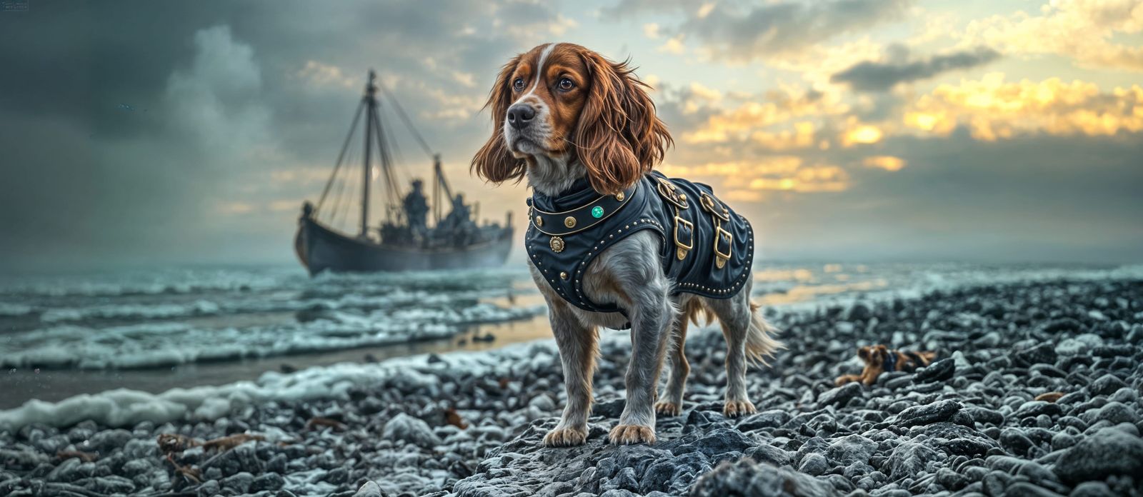 Steampunk Spaniel Observes Washington Crossing, Photorealist...
