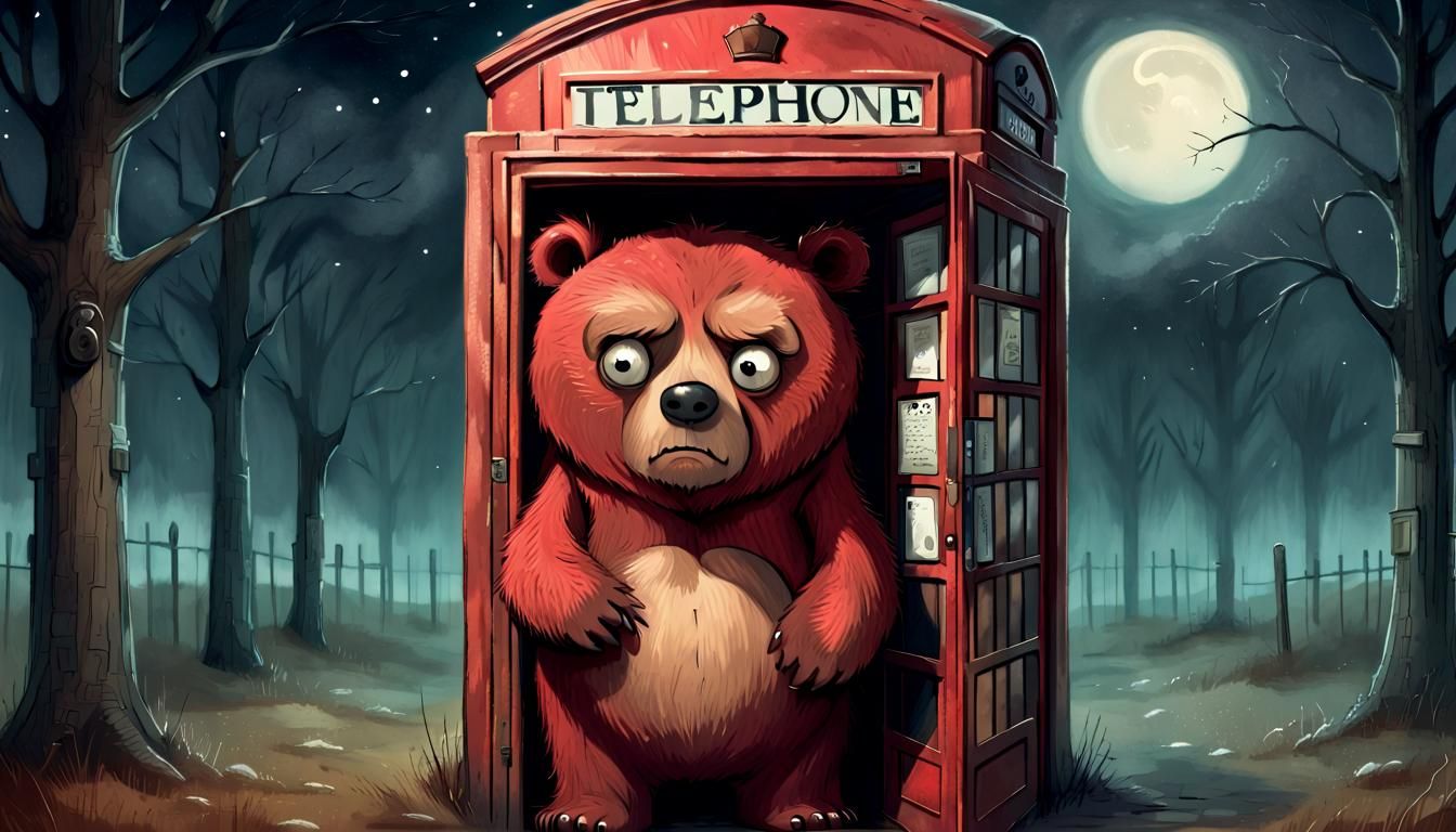 A Red Bear's Slumber in a Phone Booth