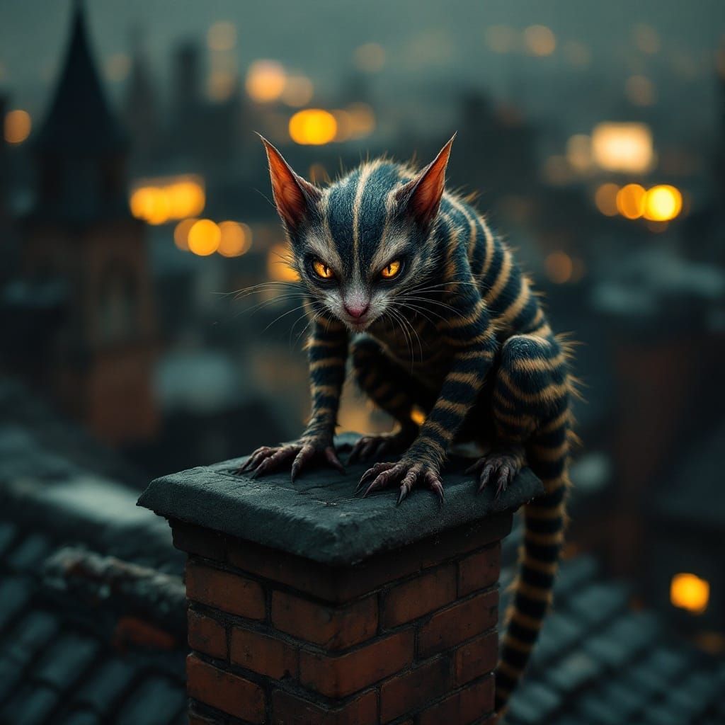 Urban Fantasy Chimney Chimera in Cinematic 35mm Film Still