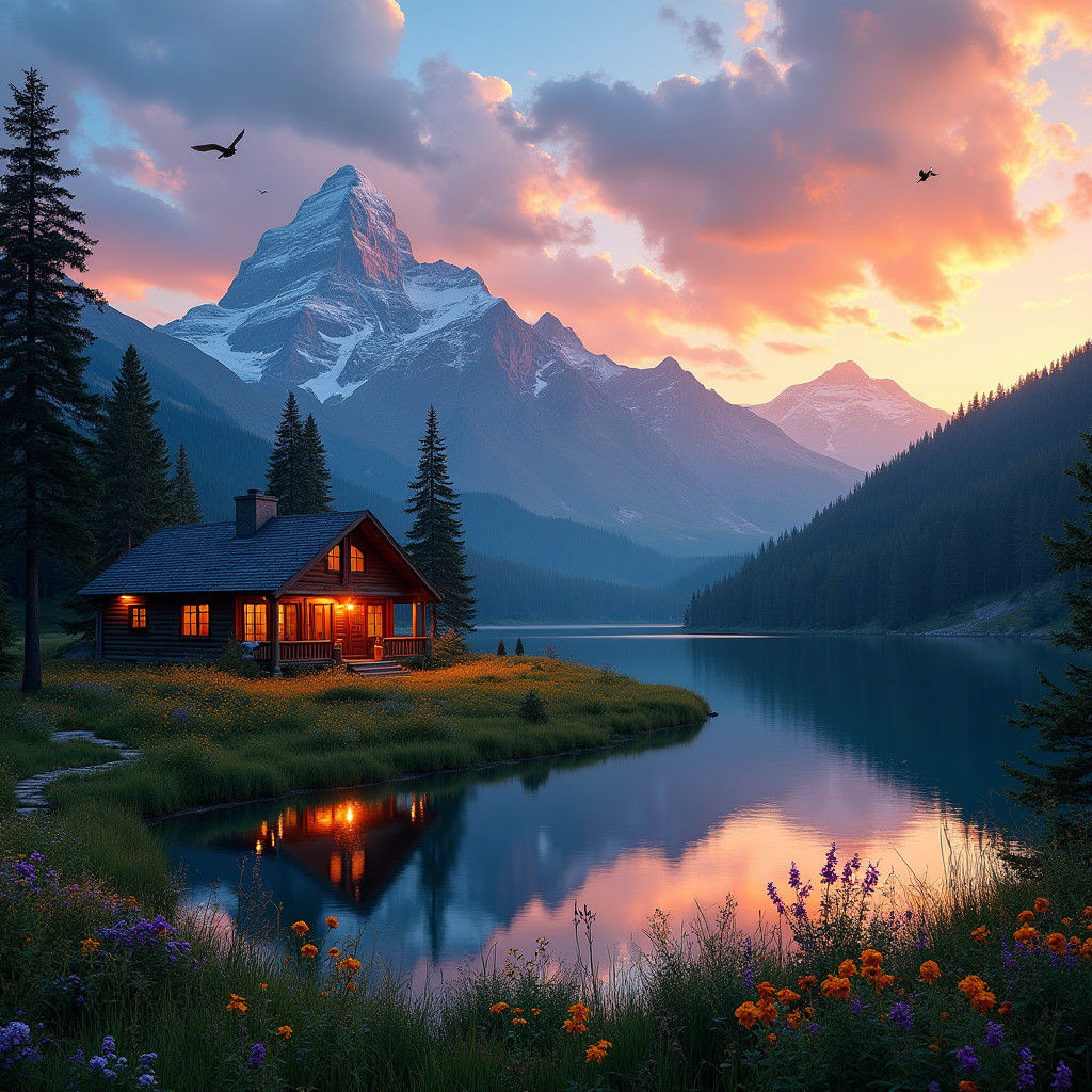 Golden Hour on Tranquil Mountainside with Lake Reflection