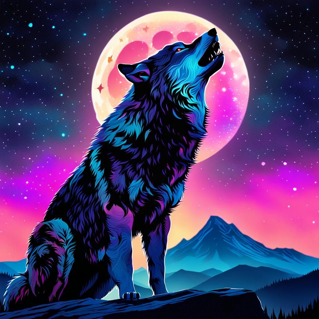 Astral Wolf Silhouette in Cosmic Landscape