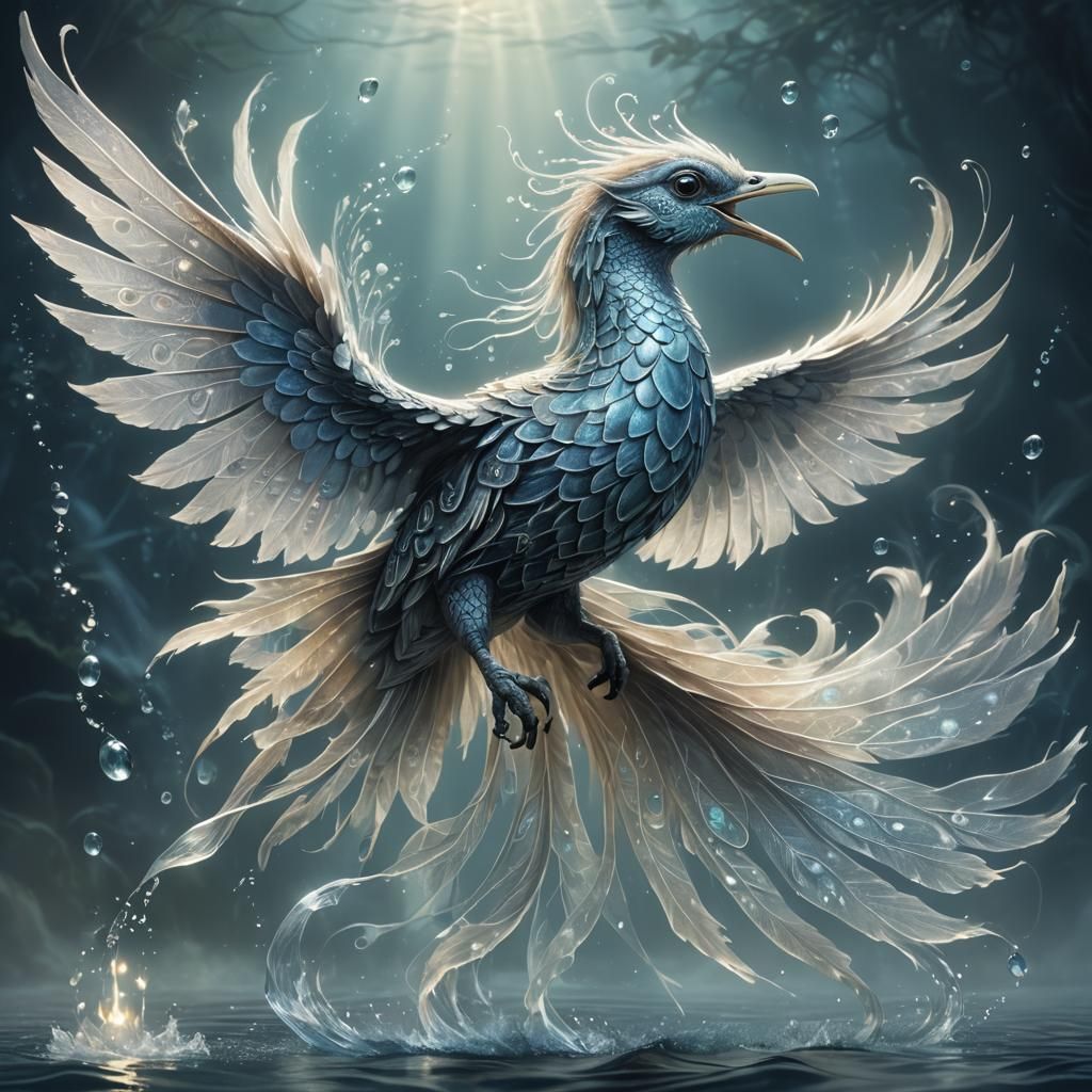 Ethereal Bird-Fish Hybrid in Misty Waters