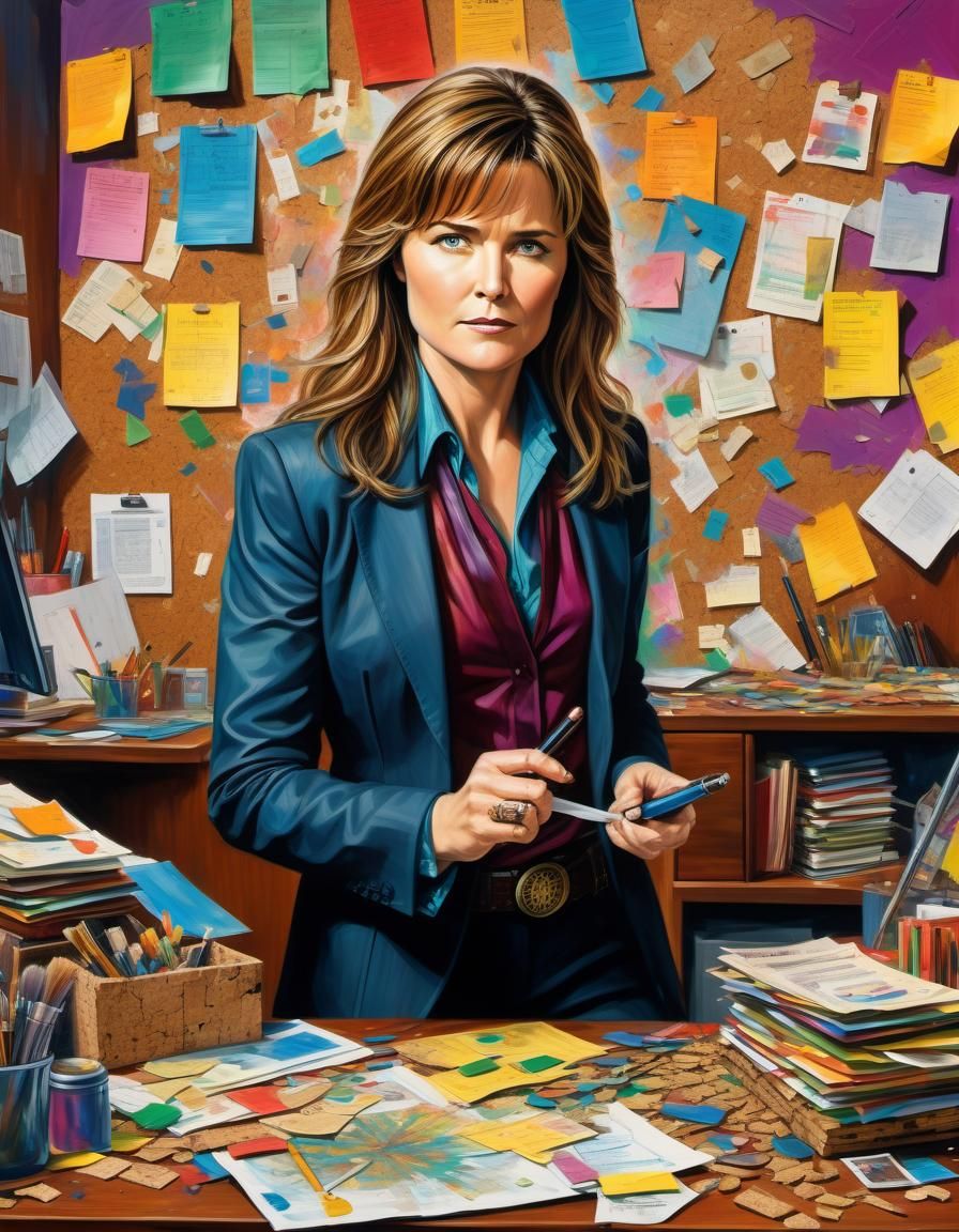 Charismatic Detective Surrounded by Clues in Vibrant Paintin...