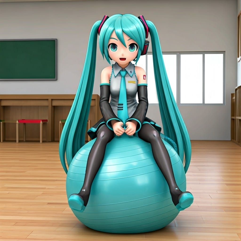 Hatsune Miku Bounces on a Fitness Ball in a School Setting