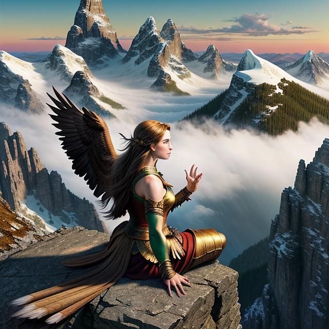 Giant Girl and Eagle on Mountain Peak