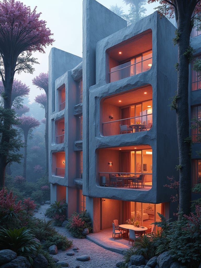 Luxury Futuristic Concrete Apartment Amidst Iridescent Alien...