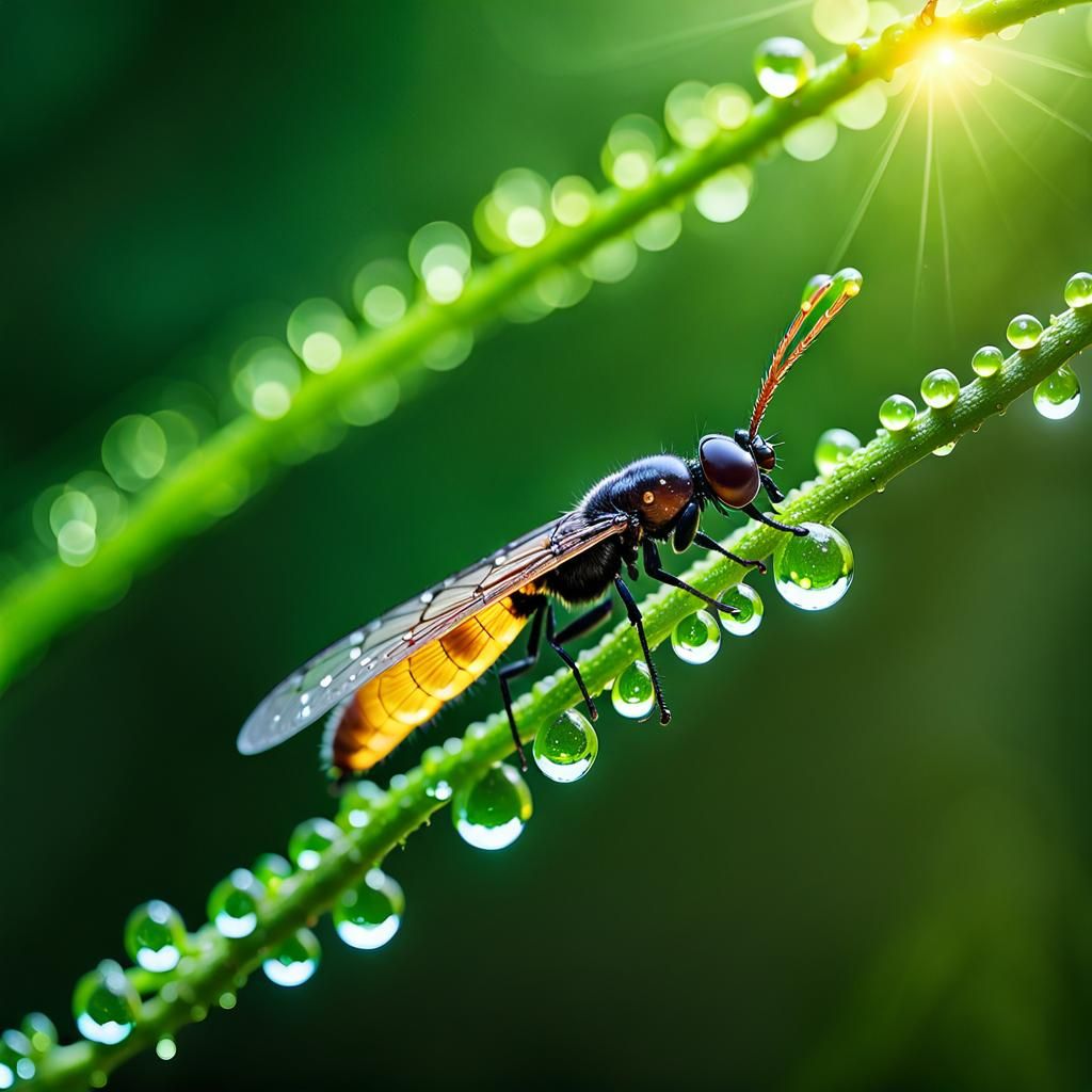 Glowing Firefly with Dew Drops Macro Photography