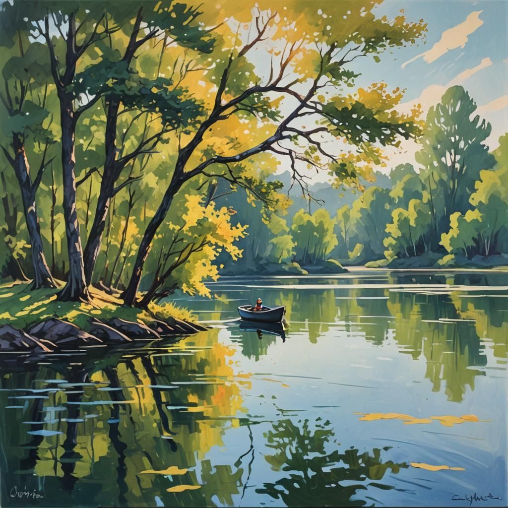 Boat on Lake: Impressionist Gouache Painting