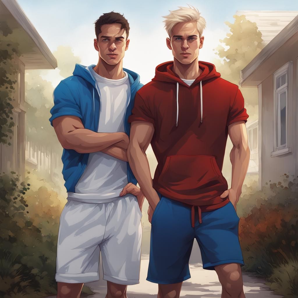 Two Young Men Portrait in Hyperdetailed Style