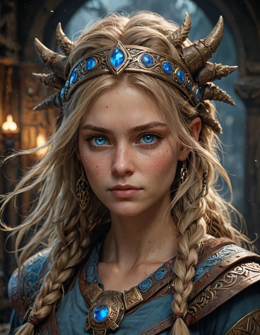 Viking Woman with Glowing Runes in Dark Fantasy Style