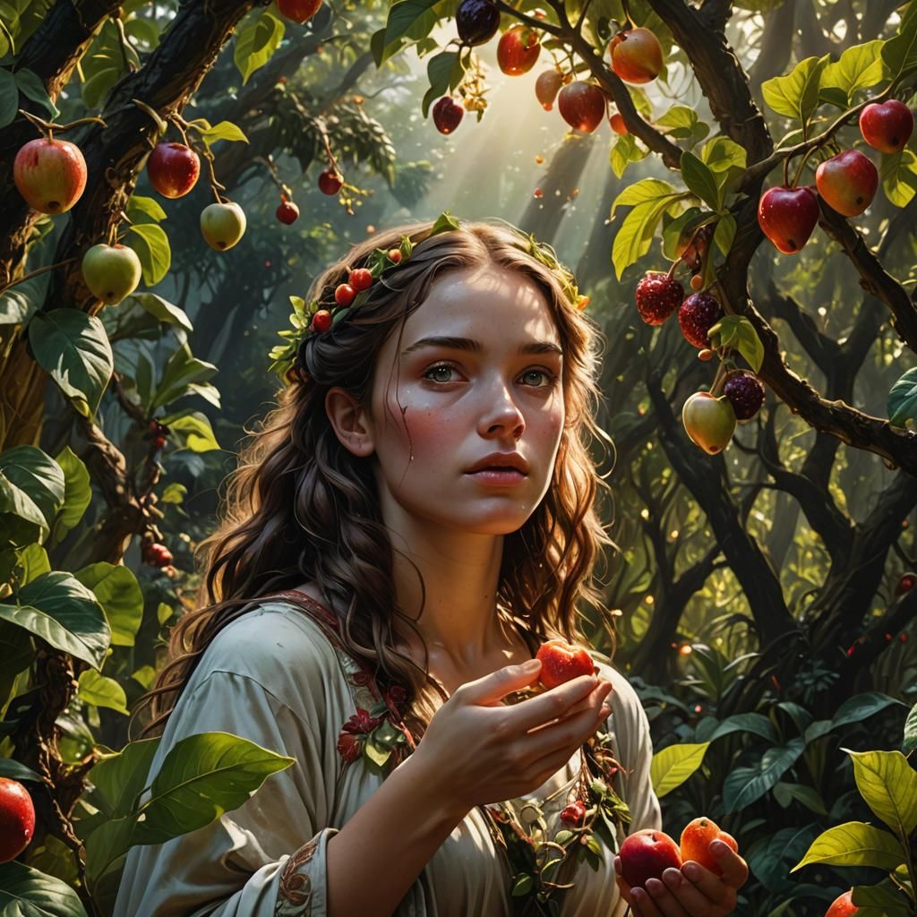 Eve Gazes at Forbidden Fruit: Hyperrealistic Splash Art