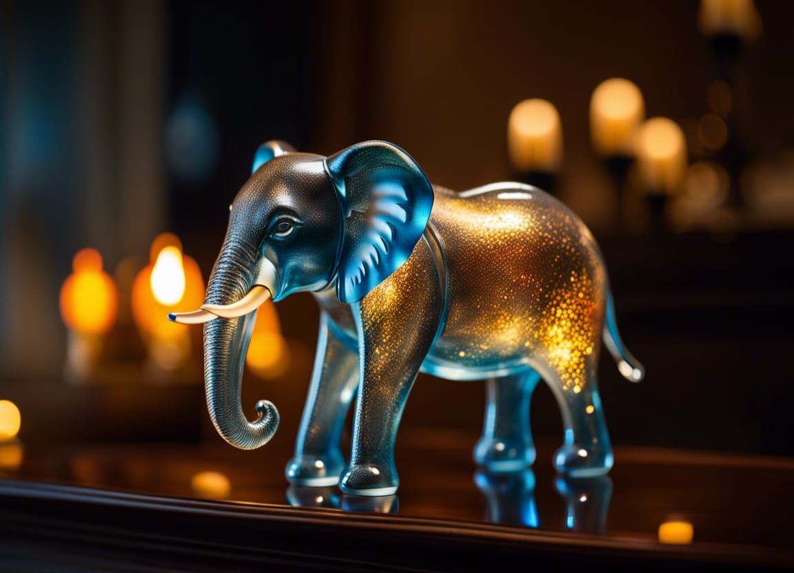 Glass Elephant Sculpture on Fireplace Mantle