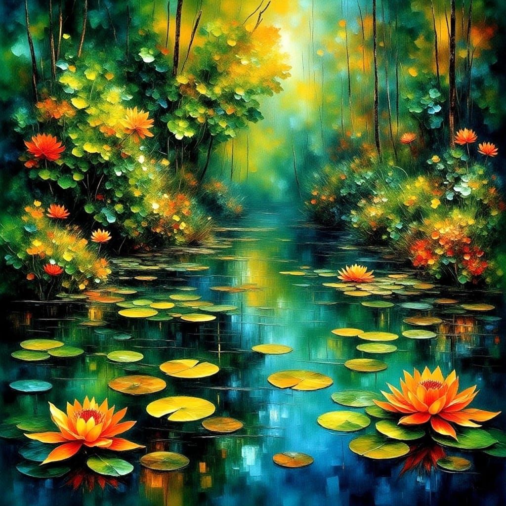 Impressionistic Koi Pond with Water Lilies