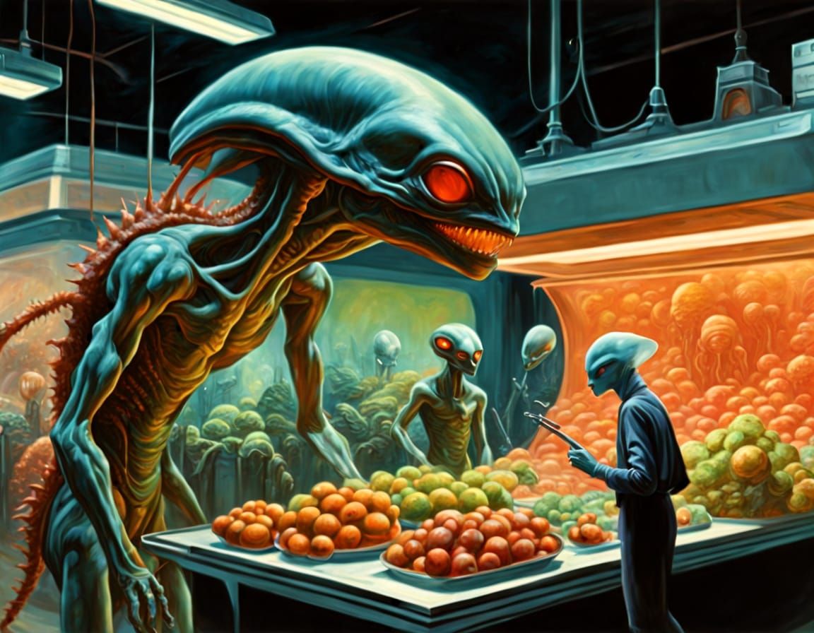 Bioluminescent Alien Market in Expressionist Sci-Fi Style