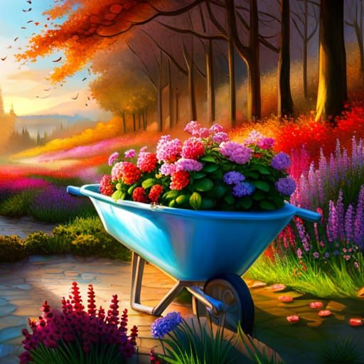 Wheelbarrow of Flowers in Dreamcore Style
