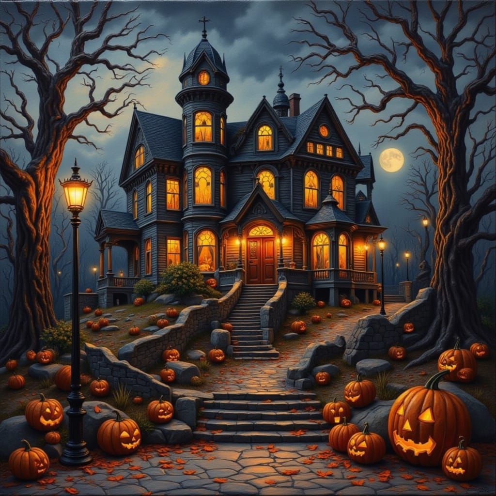 Gothic Victorian Mansion With Ornate Architecture In Twiligh...