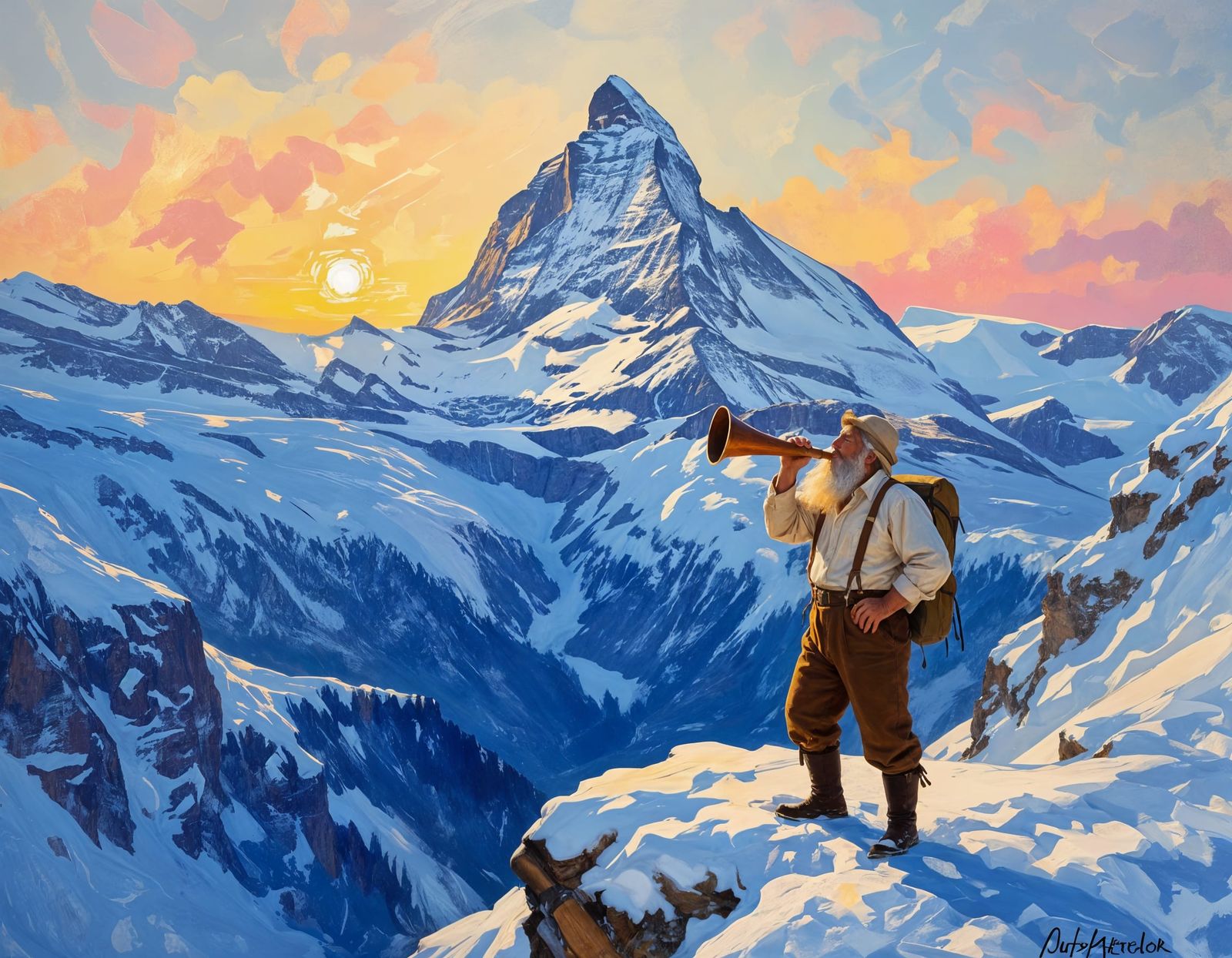 Monet-Style Oil Painting of Matterhorn Sunrise