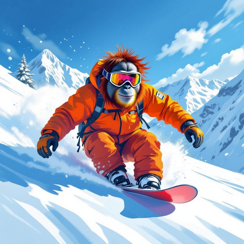 Orangutan Snowboarding in Vibrant, Dynamic Style