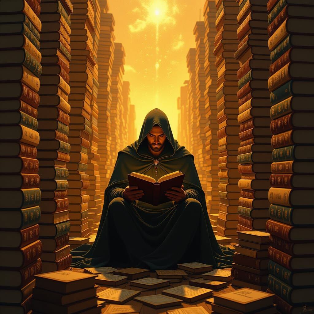 Golden Light Illuminates Figure Surrounded by Ancient Books