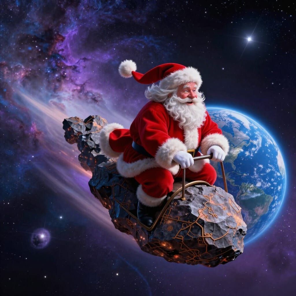 Santa Claus Rides Cosmic Meteorite Past Earth