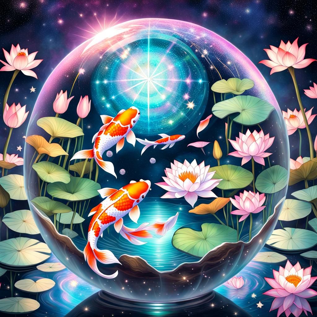 Koi and Lotus in Starry Glass Orb