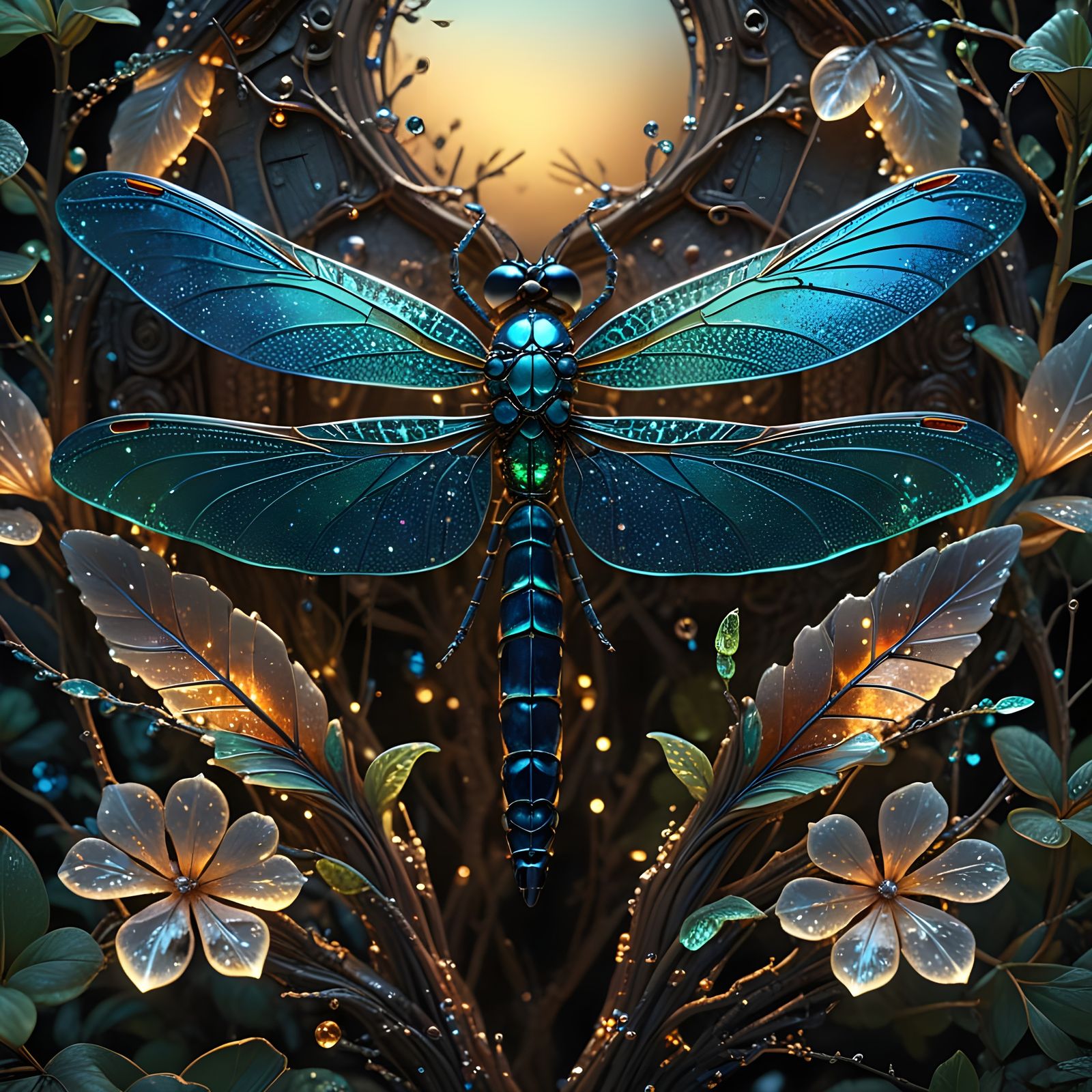 Glowing Sea Glass Dragonfly Sculpture in Art Nouveau Style